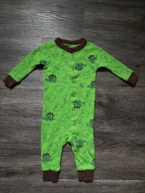 Carter's Bright Green Dinosaur Print Footed One-Piece with Brown Trim